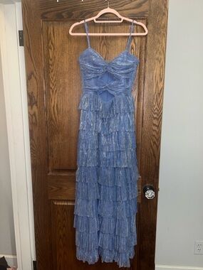 Gianni Bini Blue Metallic Tiered Ruffle Maxi Dress